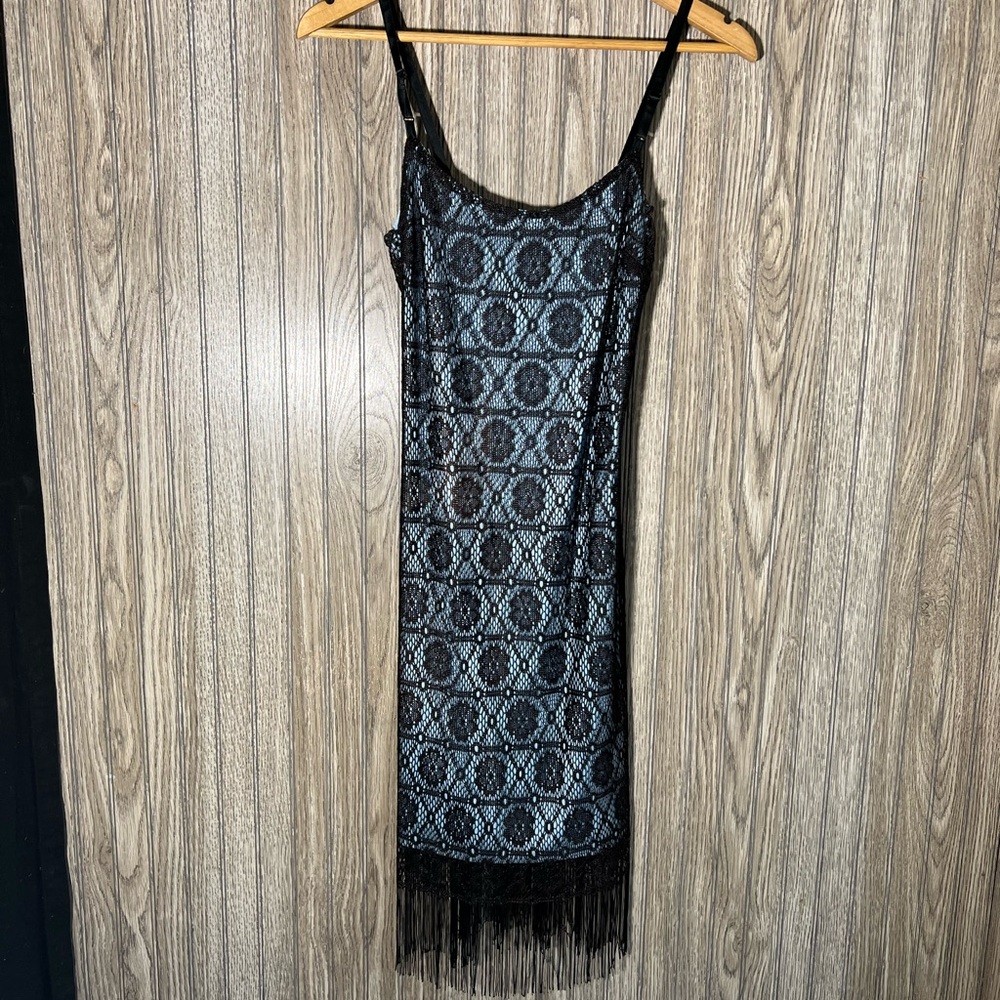 y2k Black Floral Lace Blue Slip Fringe Hem Sleeveless Midi Dress - Picture 1 of 4